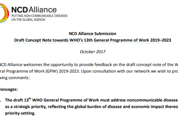 NCD Alliance Submission Draft Concept Note towards WHO’s 13th General Programme of Work 2019–2023